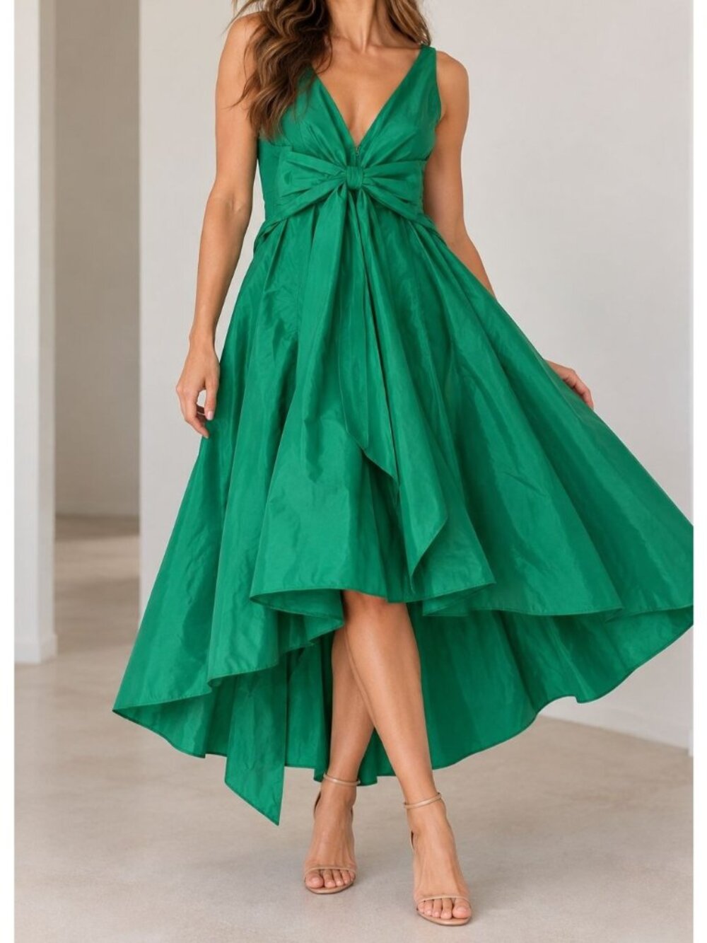 Teri Jon by Rickie Freeman Emerald Green High Low Bow Front Gown